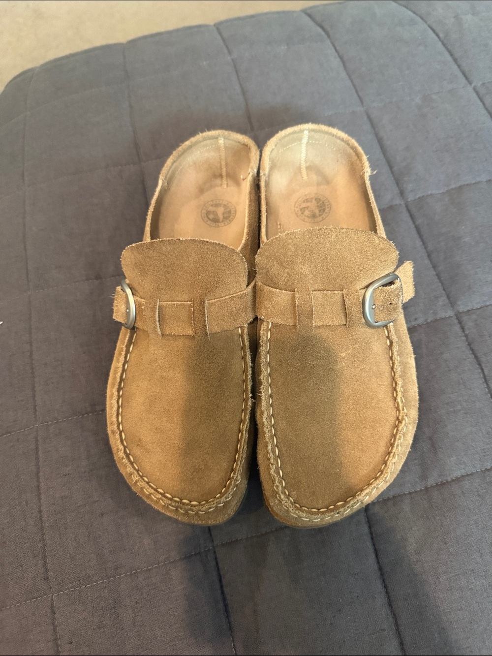 Birkenstock Suede Slip-On Mules in Tan with Silver Buckle